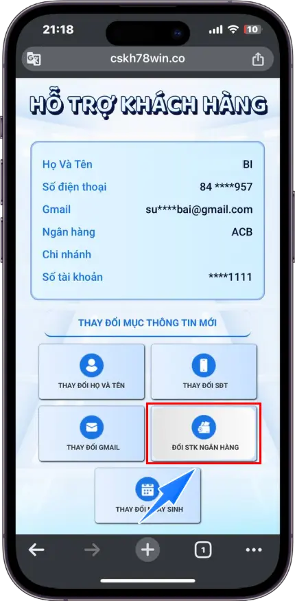 Bước 2 : Chọn Đổi SỐ TÀI KHOẢN NGÂN HÀNG